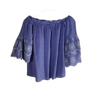 Rebellion Blue Striped Peasant Blouse Women’s Large Off Shoulder Bell Sleeve